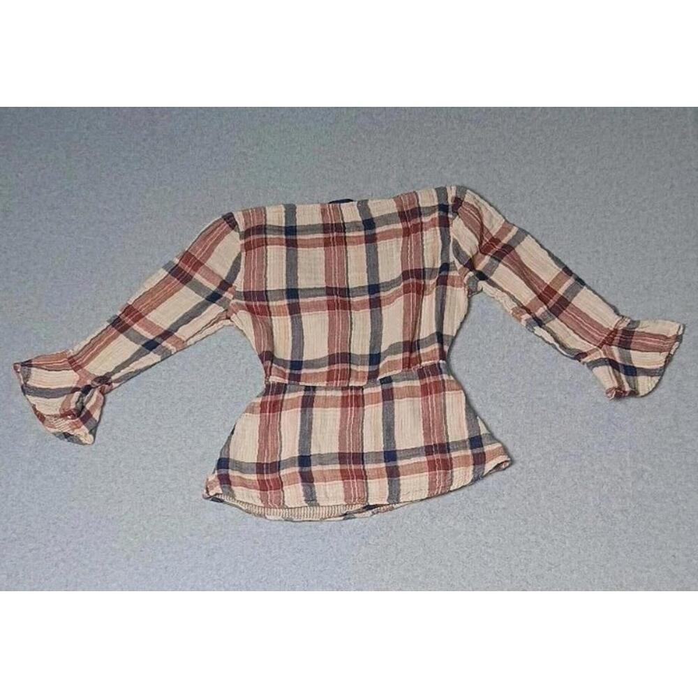 Blue Rain Anthropologie 3/4 Sleeve Wrap Shirt Womens Size XS Brown And Red Plaid - Picture 11 of 11